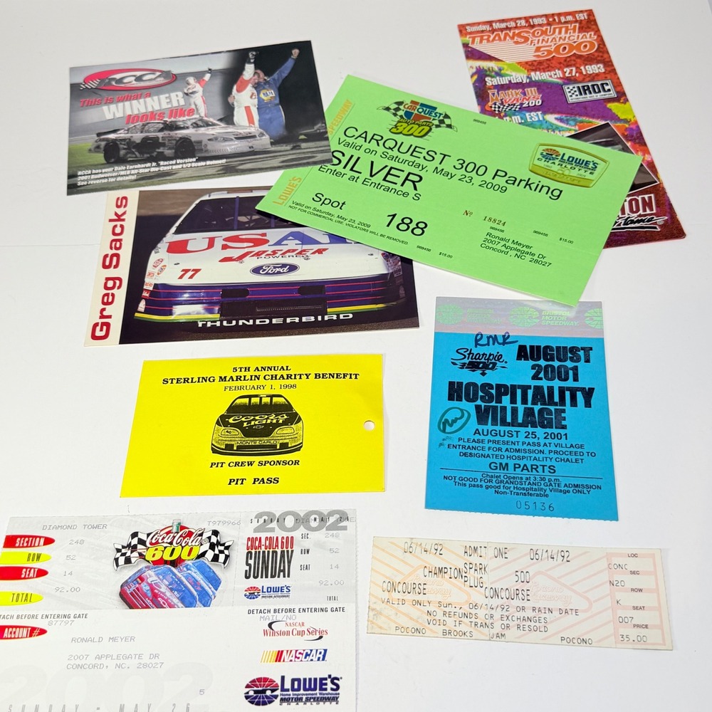 Vintage NASCAR Ticket Lot 1992-2009 Coca-Cola 600 Pocono 500 Pit Pass Hero Cards